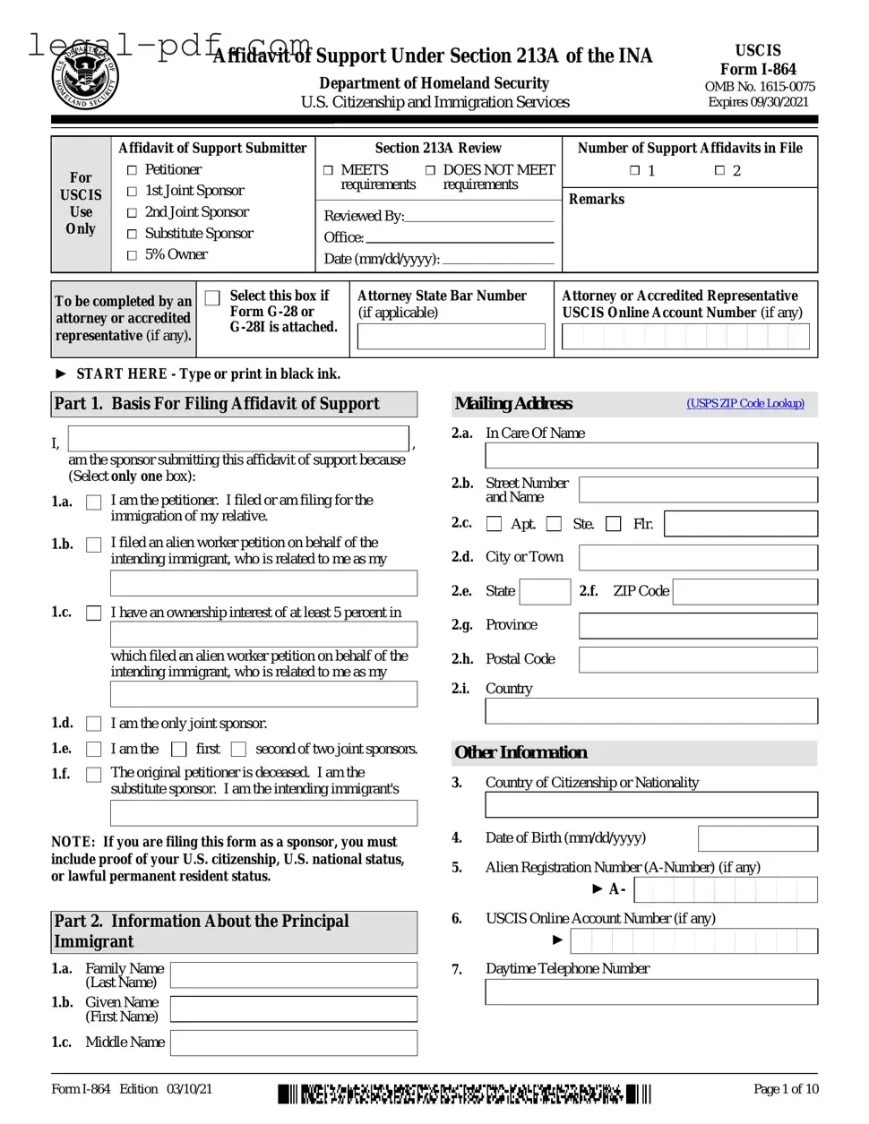Blank USCIS I-864 Form
