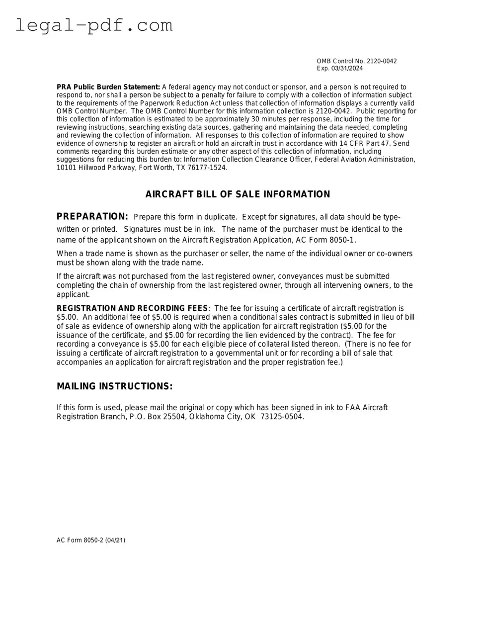 Blank Aircraft Bill of Sale AC 8050-2 Form