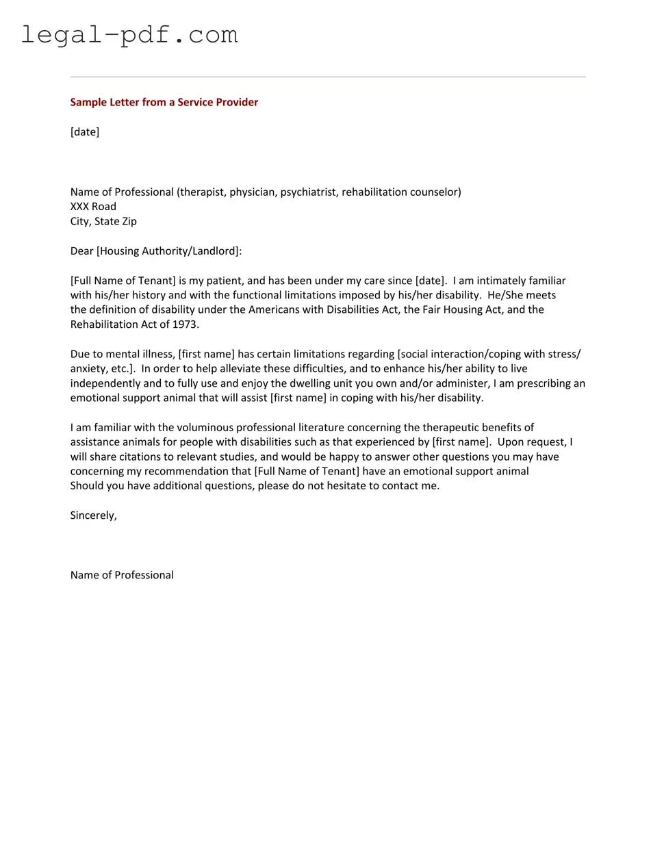 Blank Emotional Support Animal Letter Form