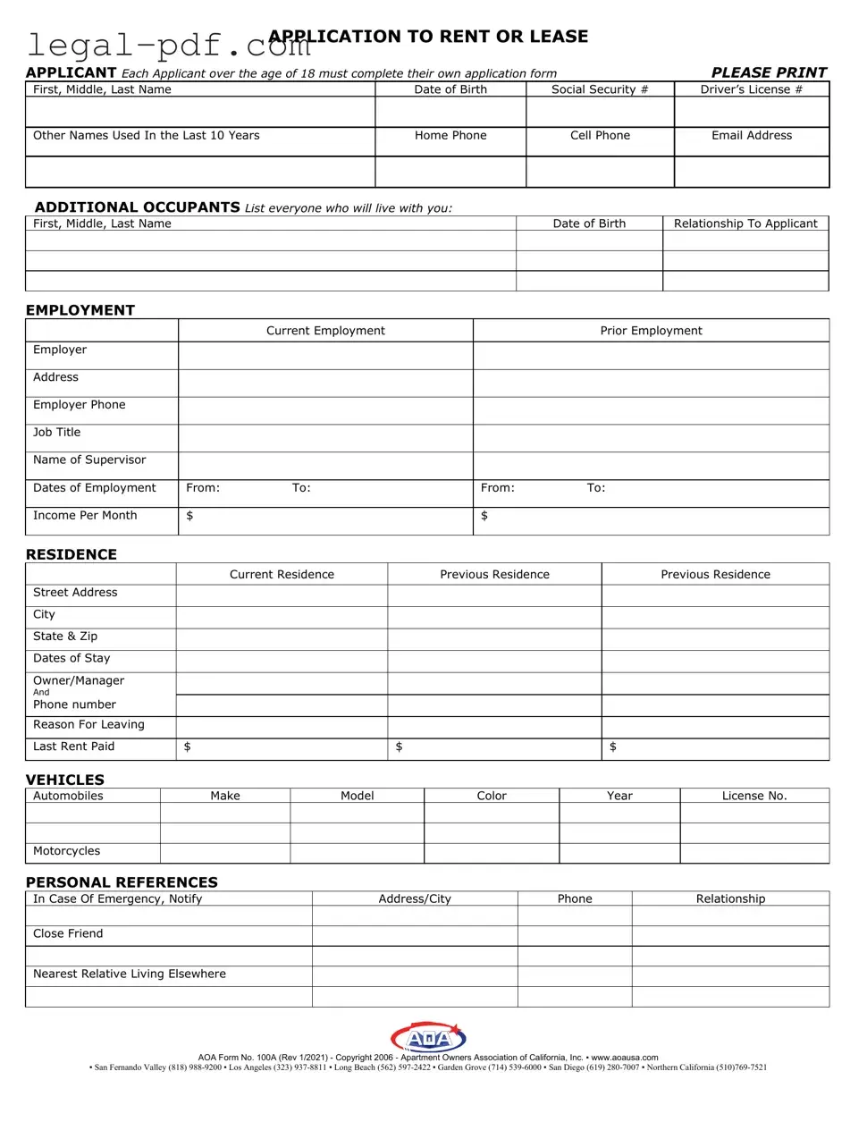 Blank Aoa 100A Form