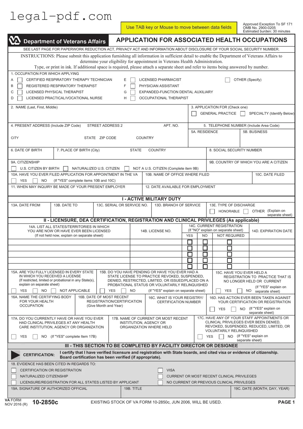 Blank VA 10-2850c Form