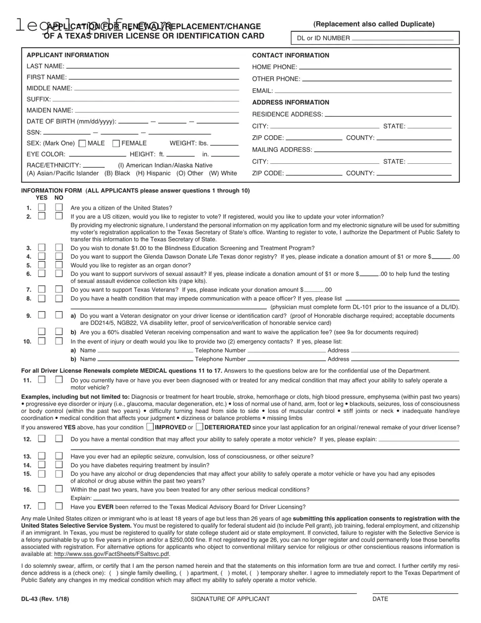 Blank DL-43 Form