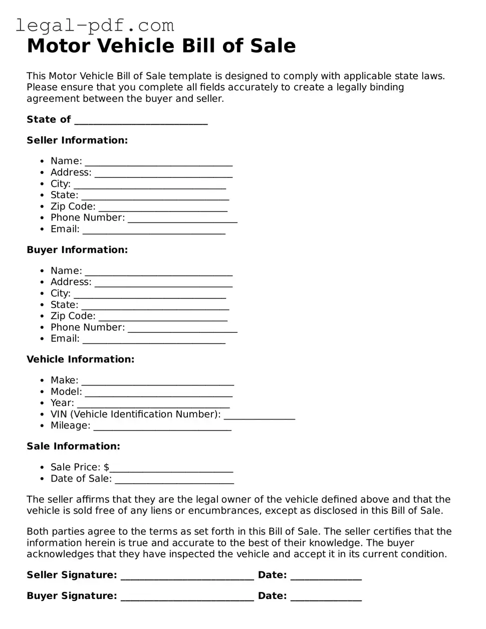 Valid Motor Vehicle Bill of Sale Template