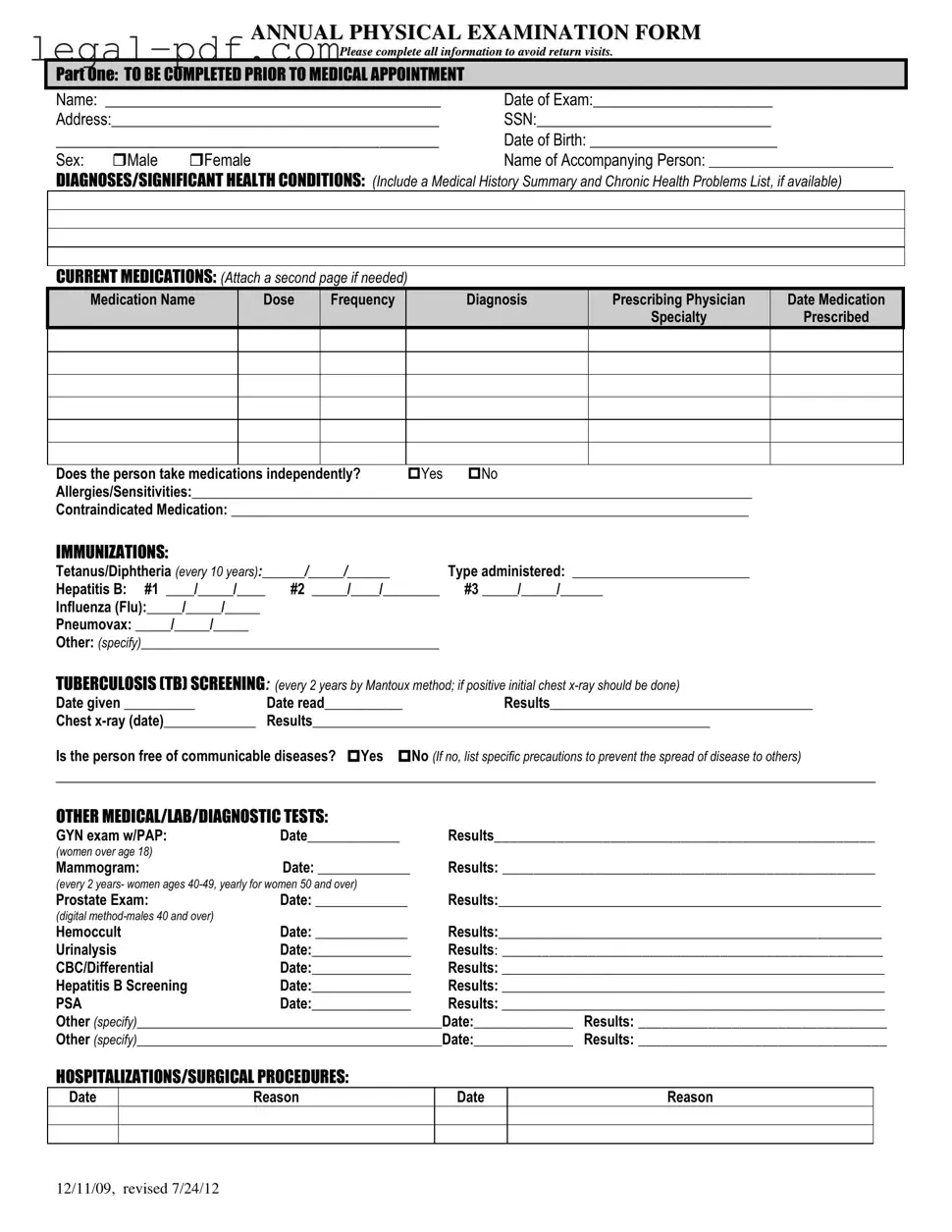 Blank Annual Physical Examination Form