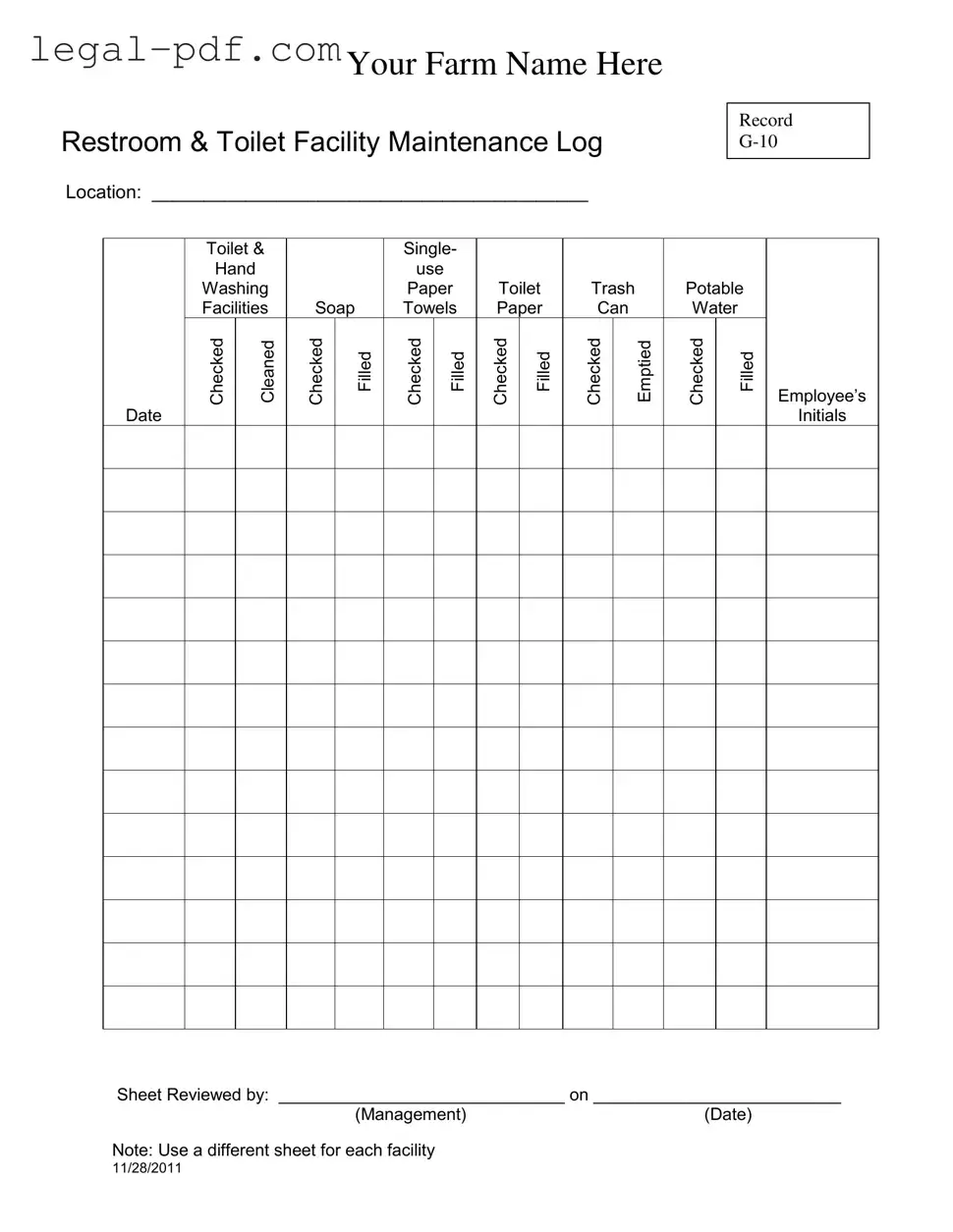Blank Bathroom Cleaning Log Sheet Form