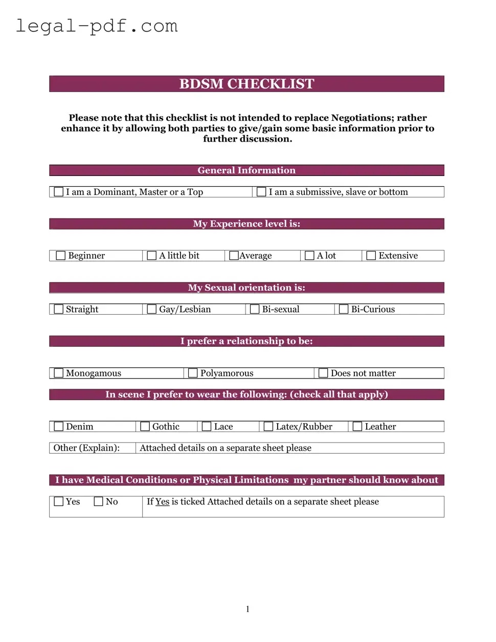 Blank Bdsm Checklist Form