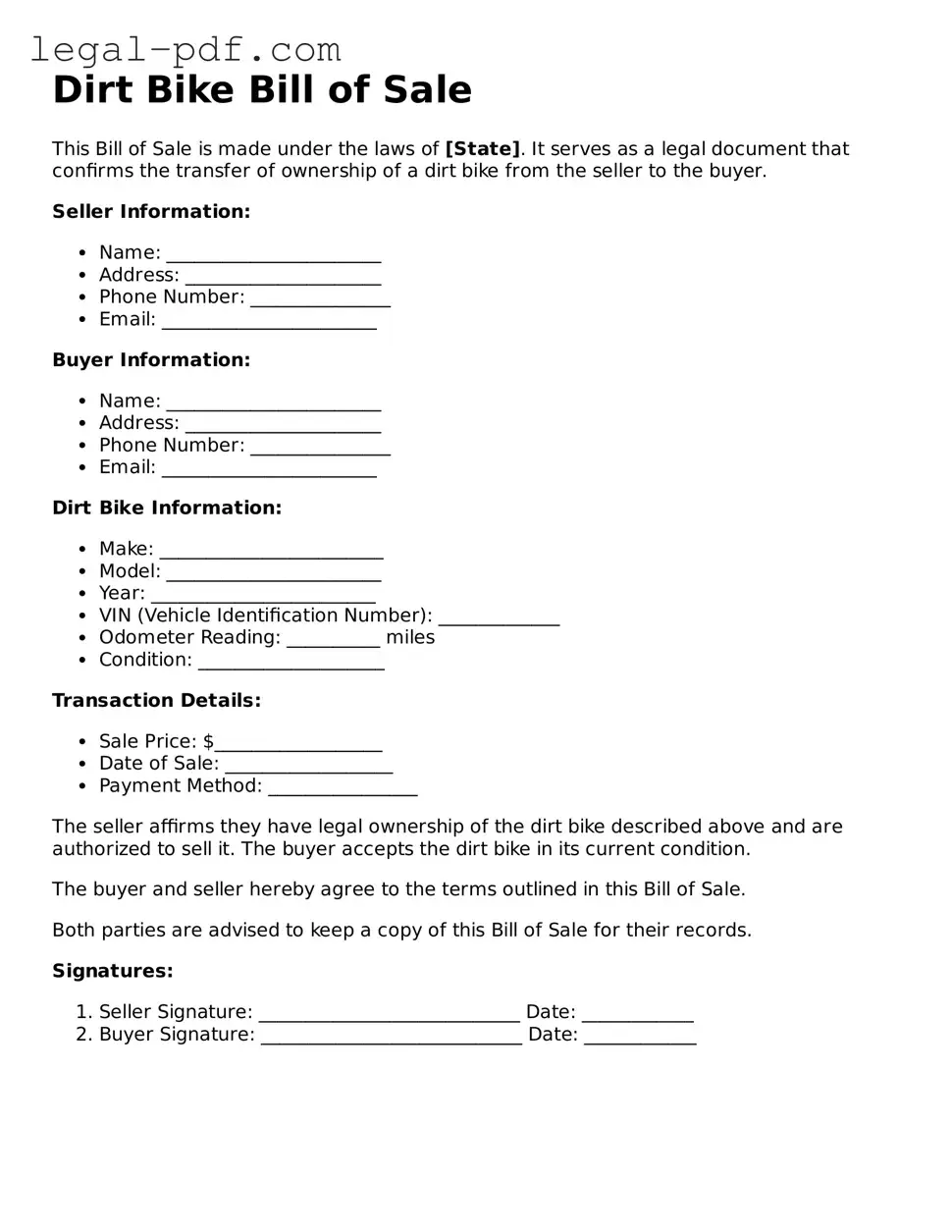 Valid Dirt Bike Bill of Sale Template