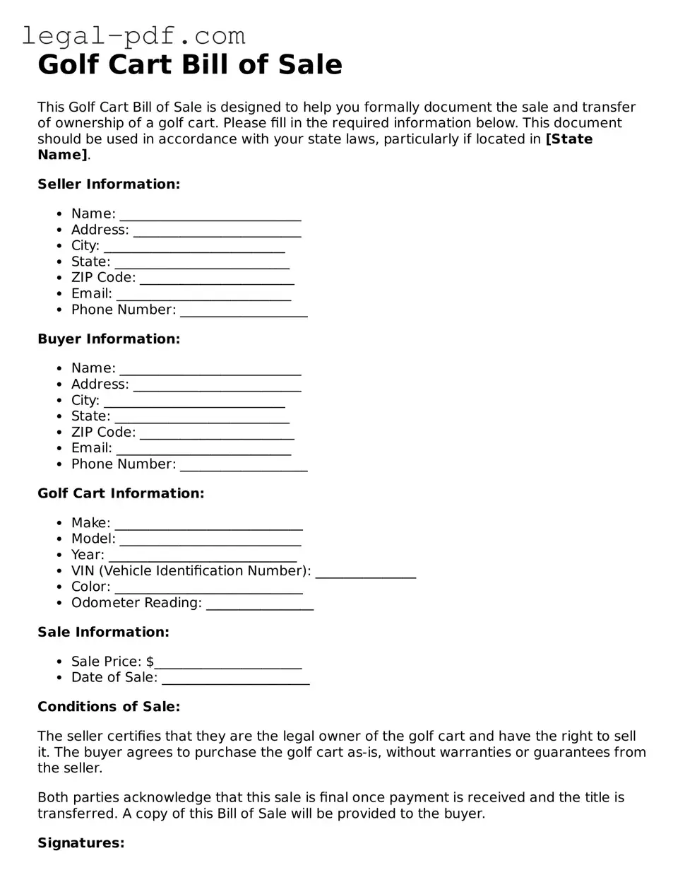 Valid Golf Cart Bill of Sale Template