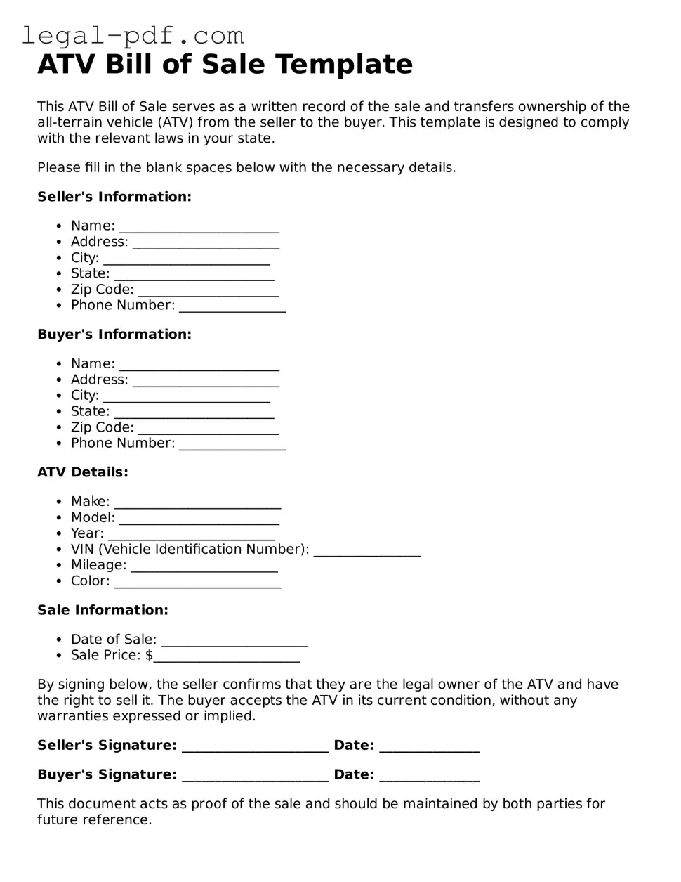 Valid ATV Bill of Sale Template