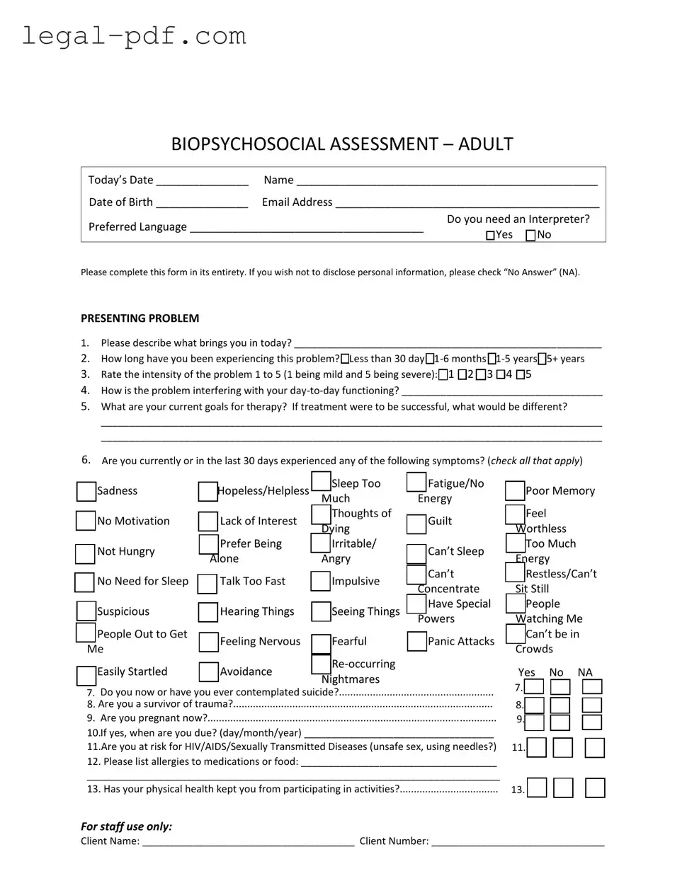 Blank Biopsychosocial Assessment Social Work Form