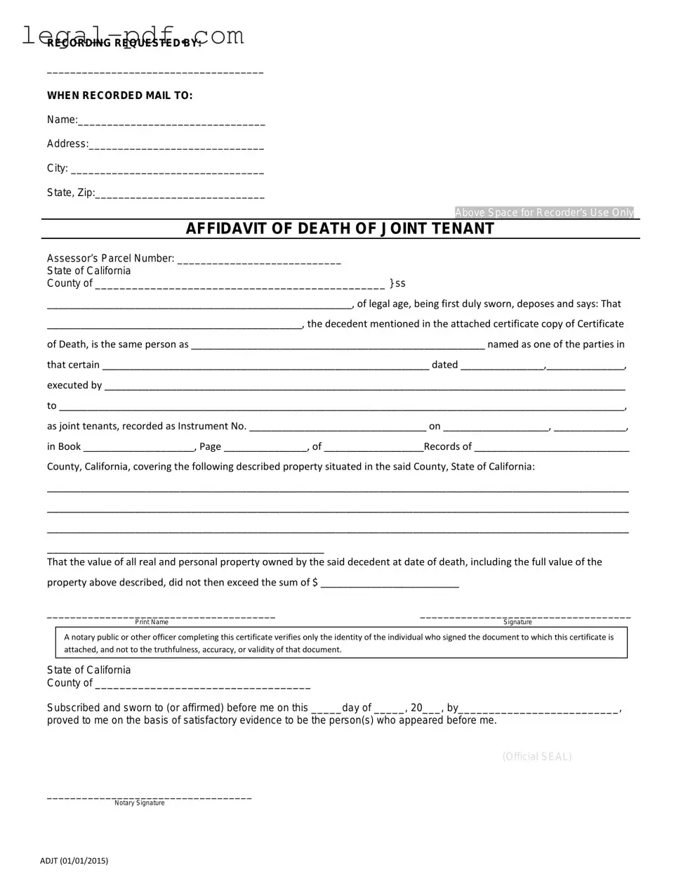 Blank California Death of a Joint Tenant Affidavit Form