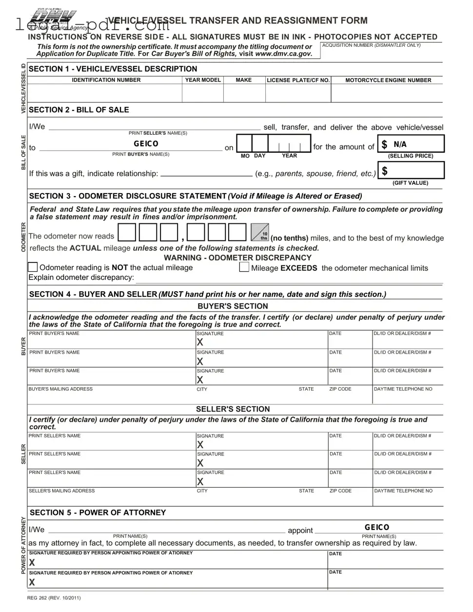 Blank California Fotm Reg 262 Form