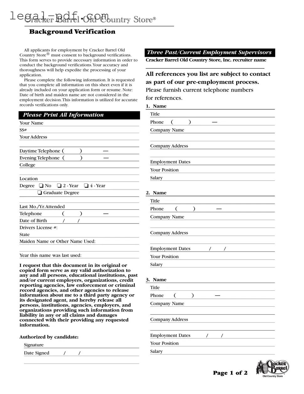 Blank Cracker Barrel Background Check Form