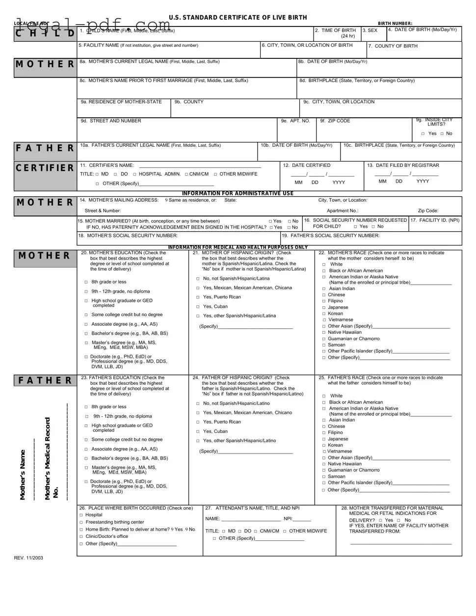 Blank CDC U.S. Standard Certificate of Live Birth Form