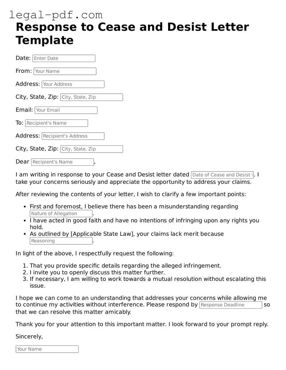 Valid Response to a Cease and Desist Letter Template