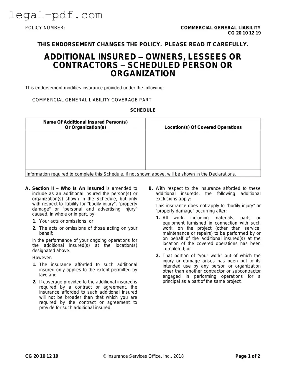 Blank Cg 20 10 07 04 Liability Endorsement Form