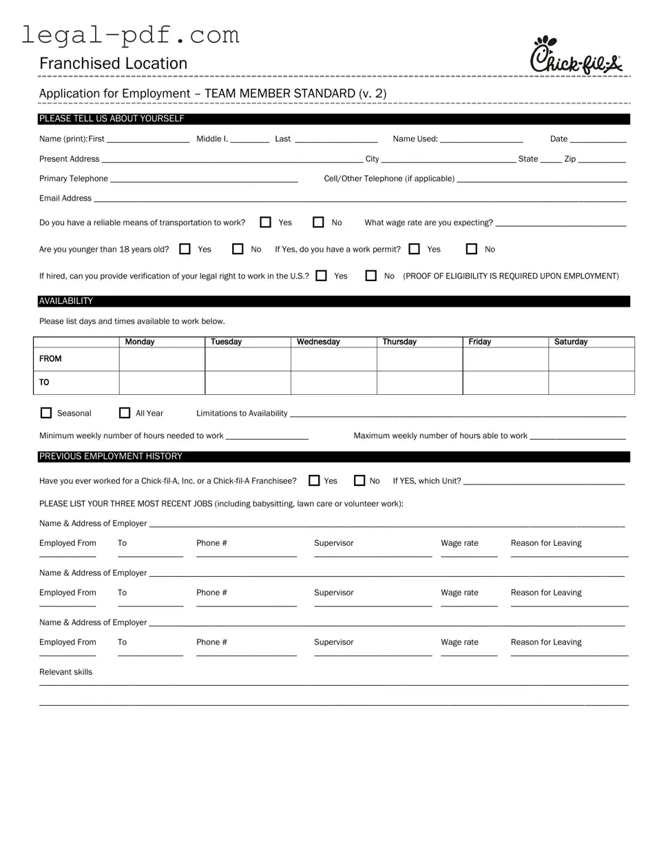 Blank Chick Fil A Job Application Form