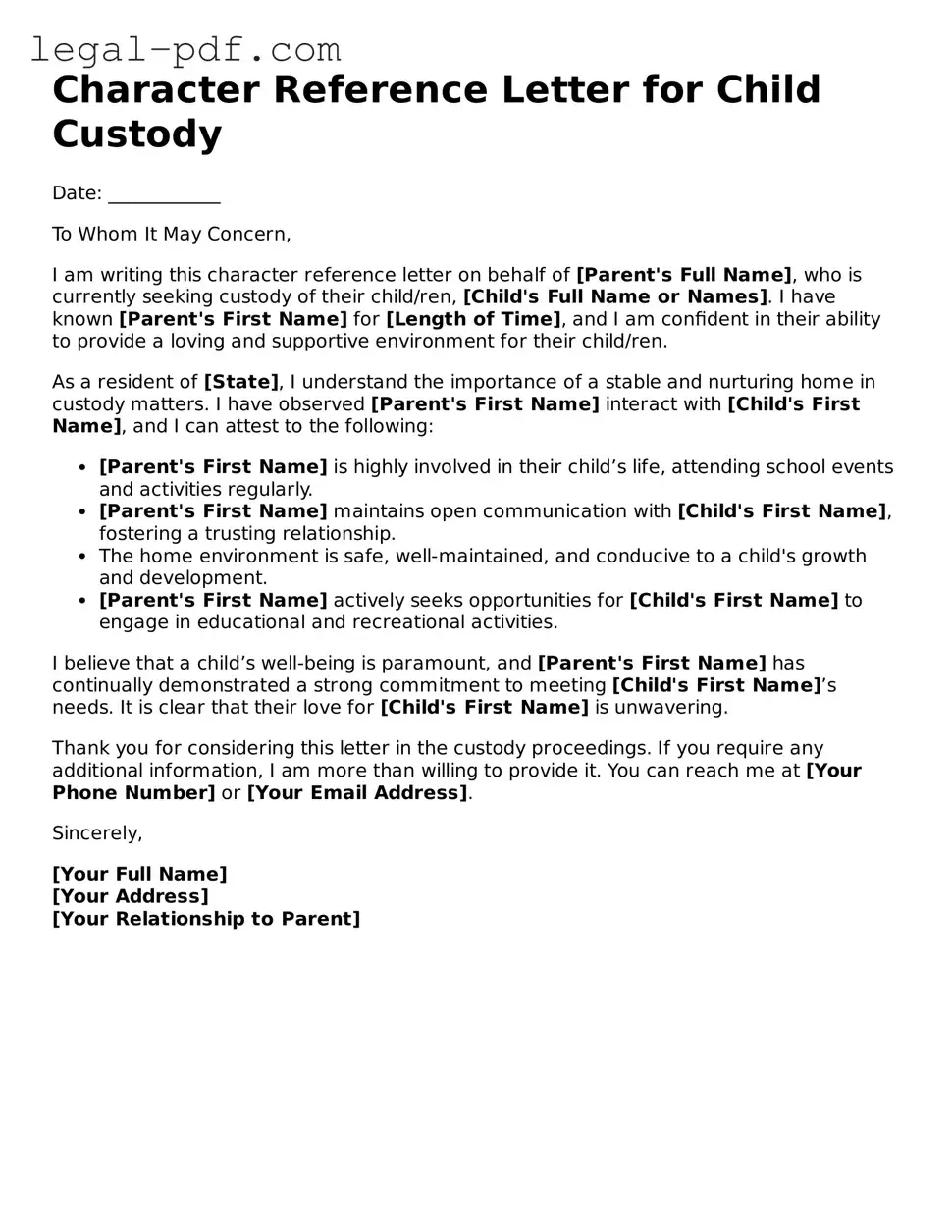 Valid Character Reference Letter for Child Custody Template
