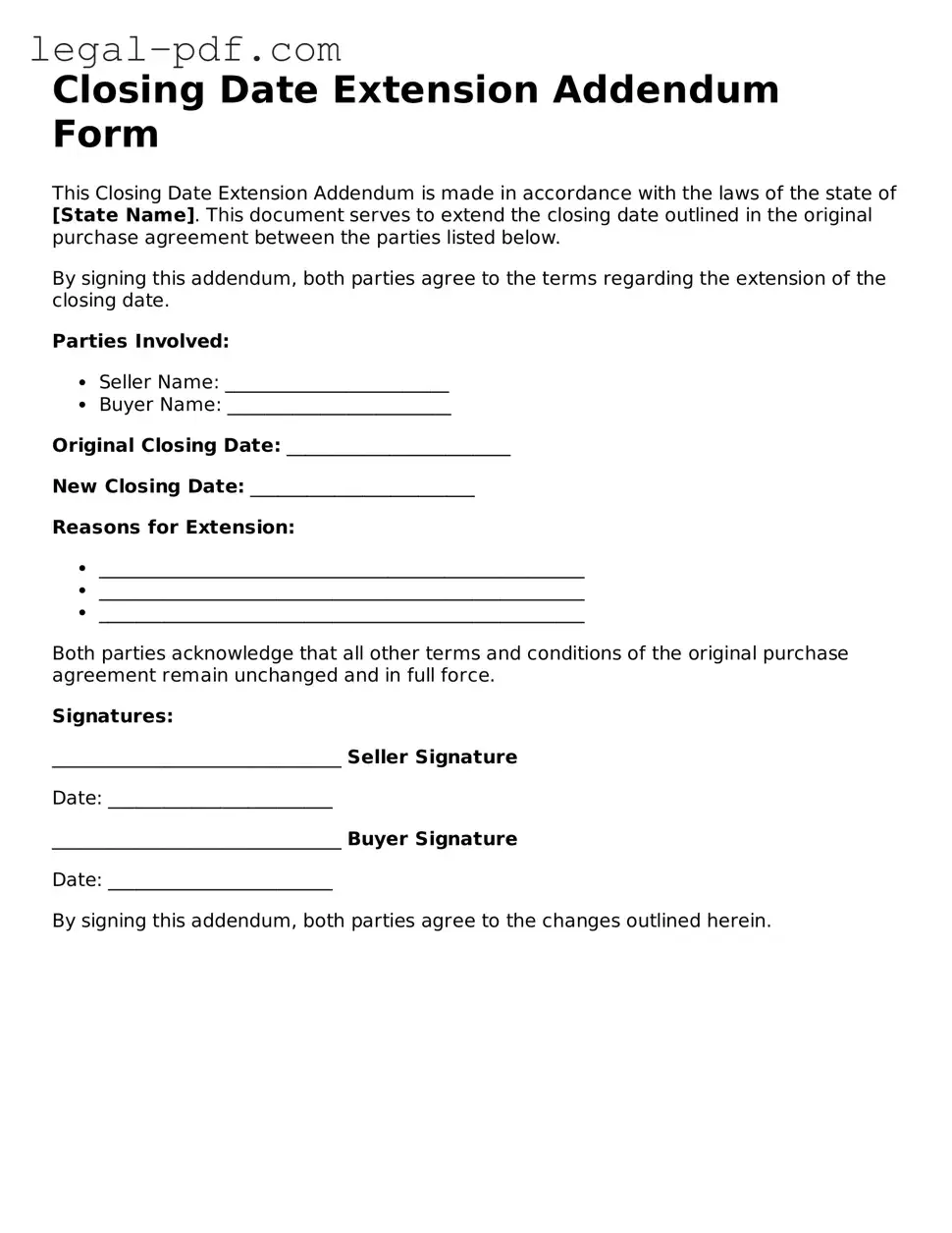 Valid Closing Date Extension Addendum Form Template