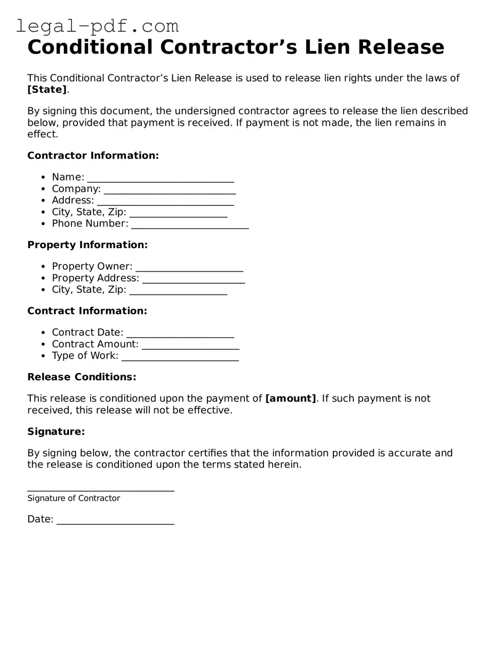 Valid Conditional Contractor’s Lien Release Template