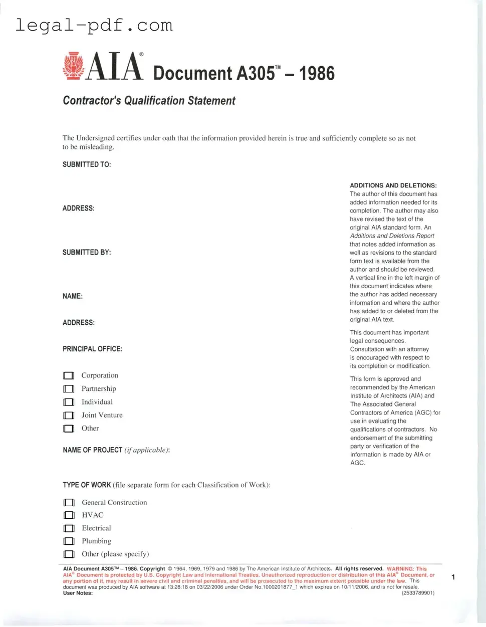 Blank AIA A305 Form