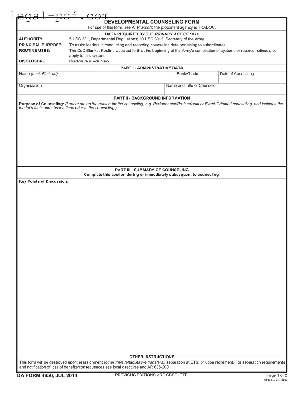 Blank DA 4856 Form