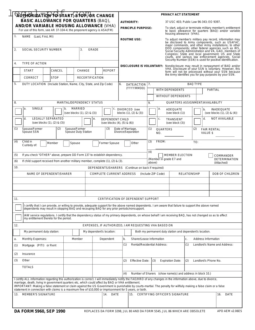 Blank DA 5960 Form