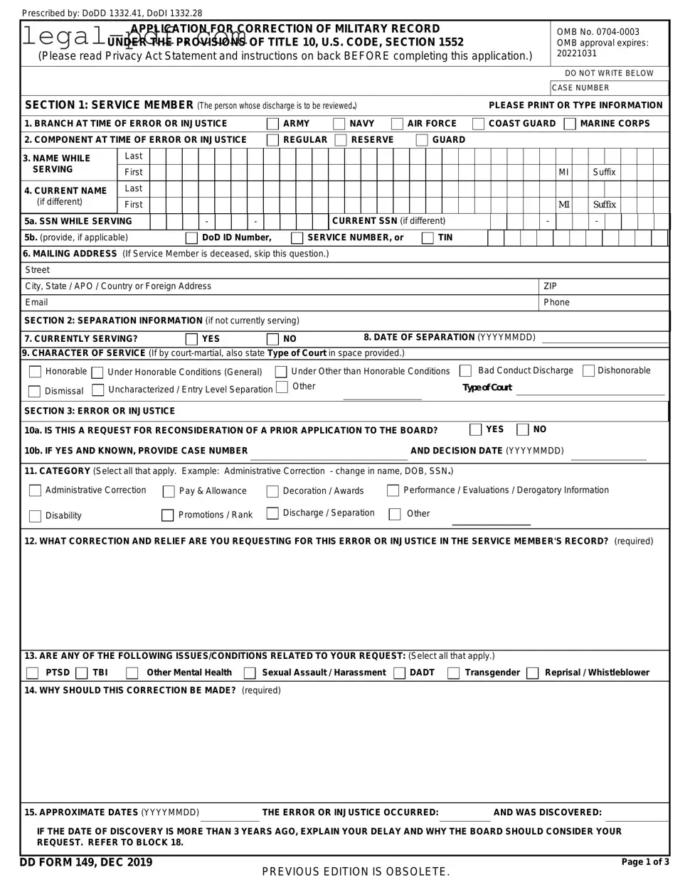 Blank DD 149 Form