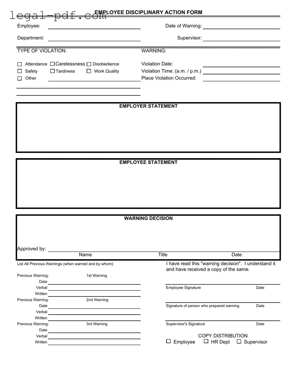 Blank Disciplinary Action Form