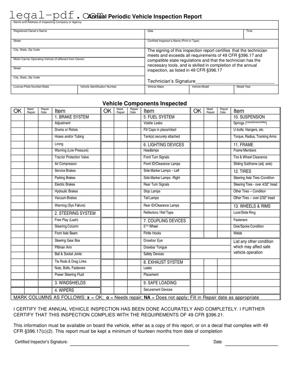 Blank Dot Vehicle Inspection Form