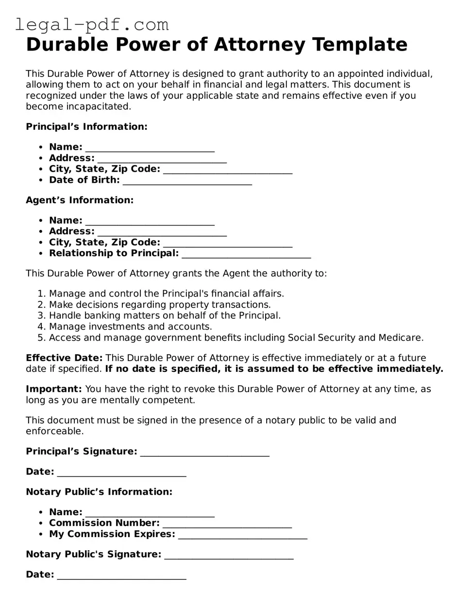 Valid Durable Power of Attorney Template