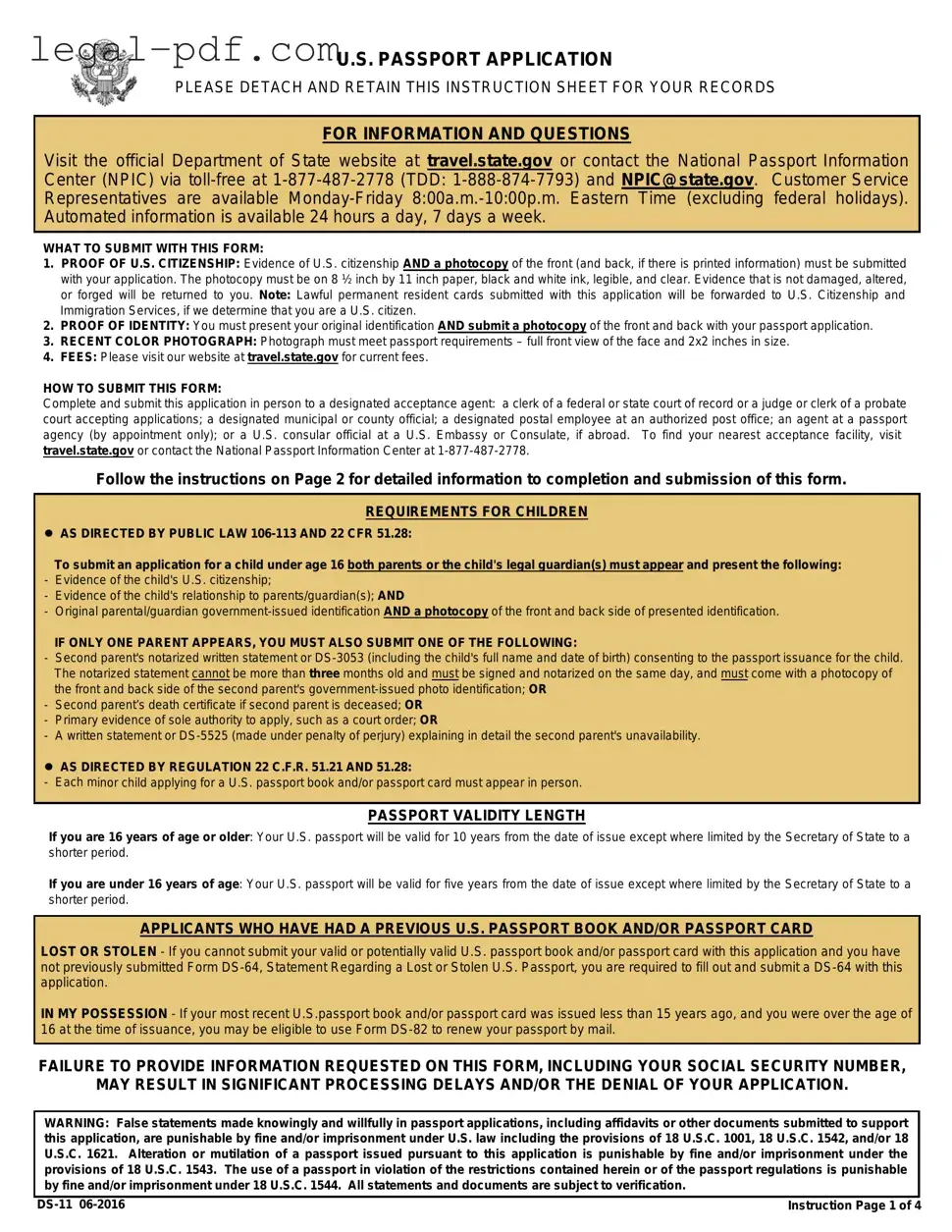 Blank DS-11 U.S. Passport application Form