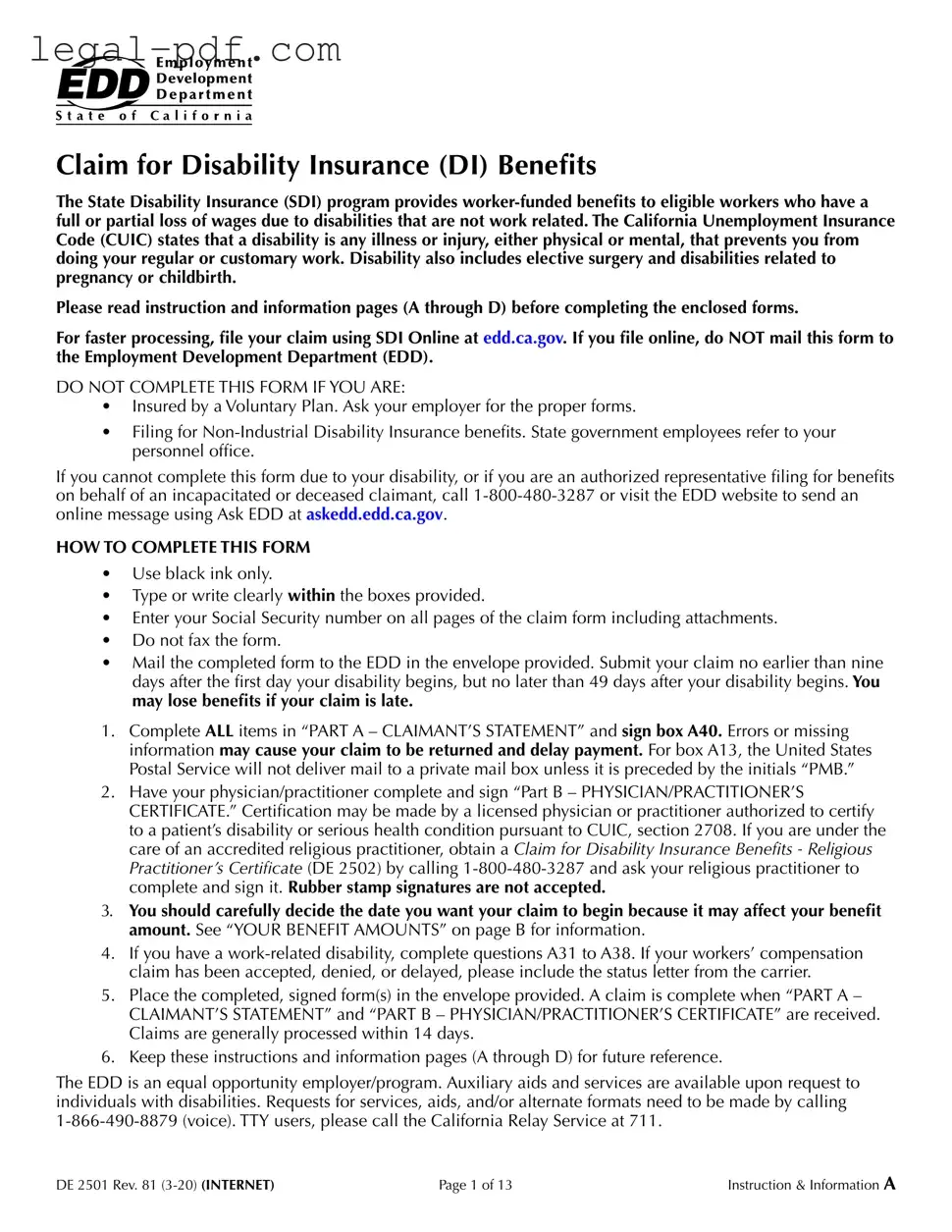 Blank EDD DE 2501 Form