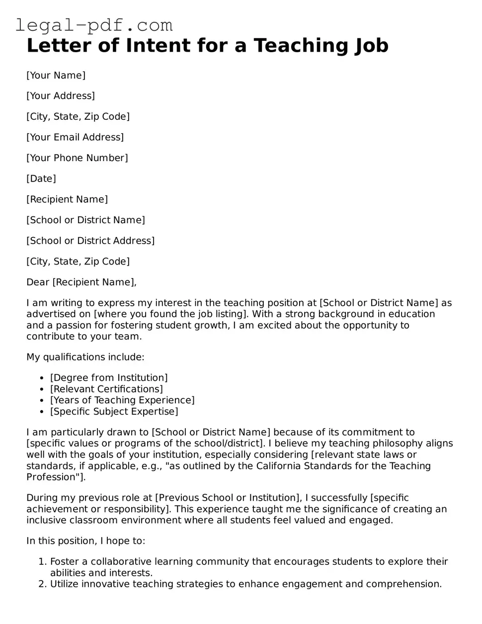 Valid Letter of Intent for a Teaching Job Template