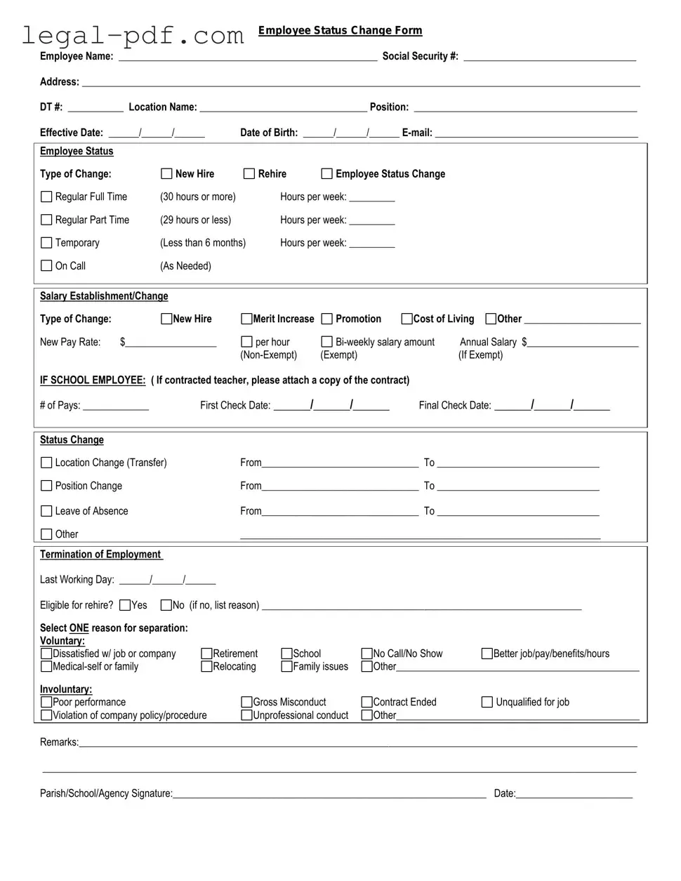 Blank Employee Status Change Form