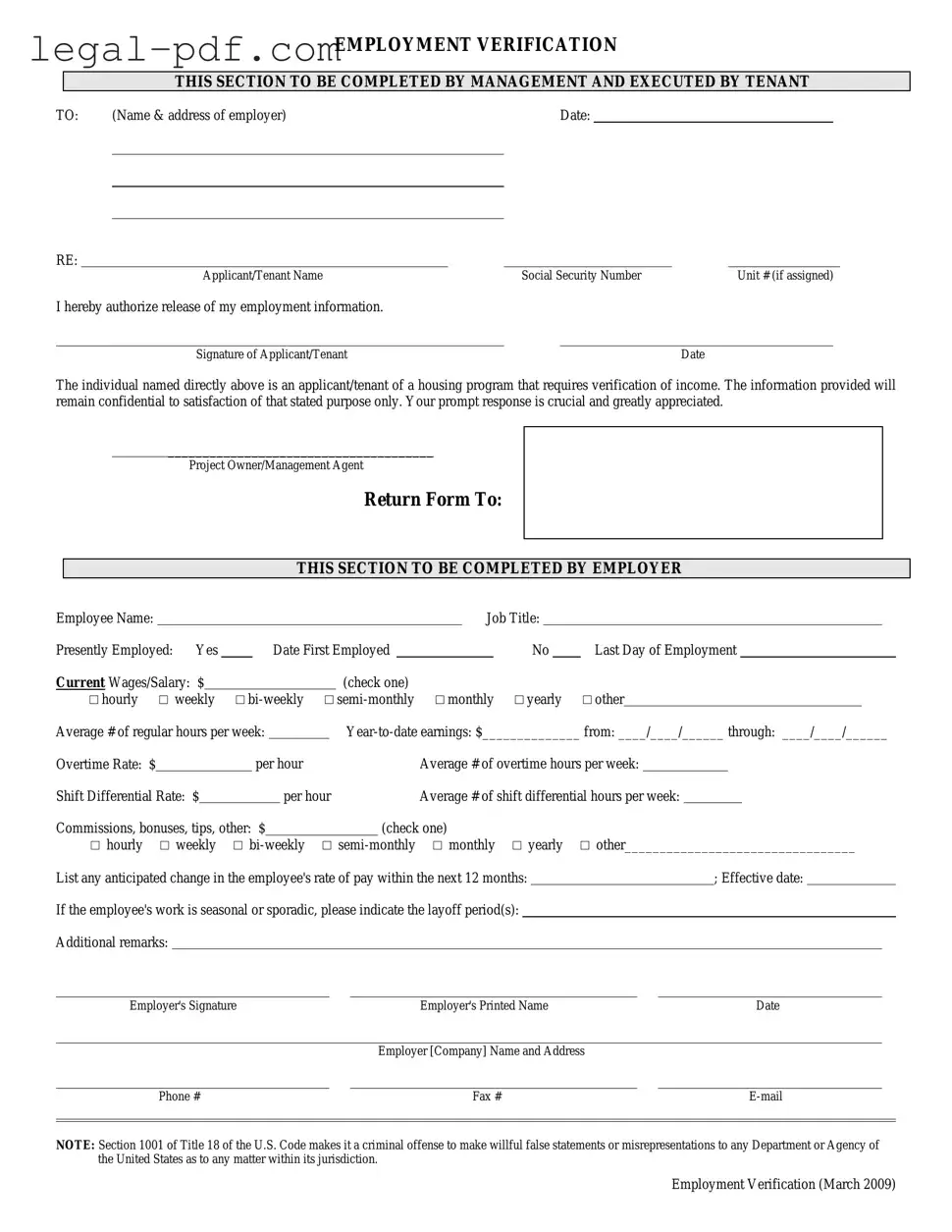 Blank Employment verification form Form