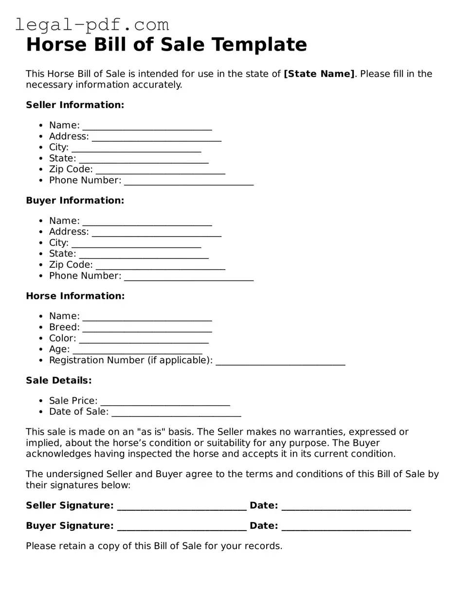 Valid Horse Bill of Sale Template