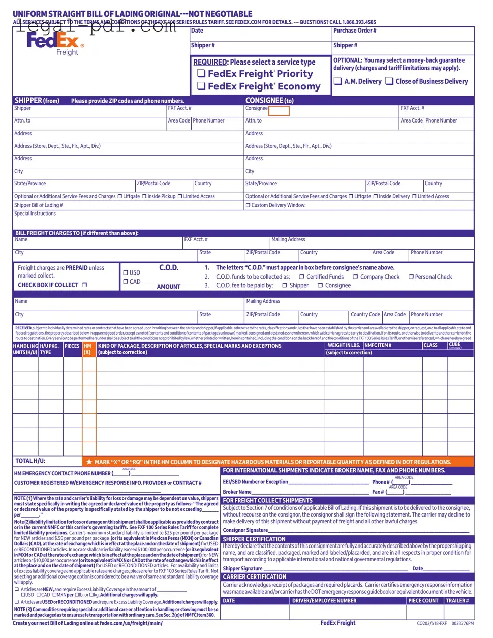Blank Fedex Bill Of Lading Form