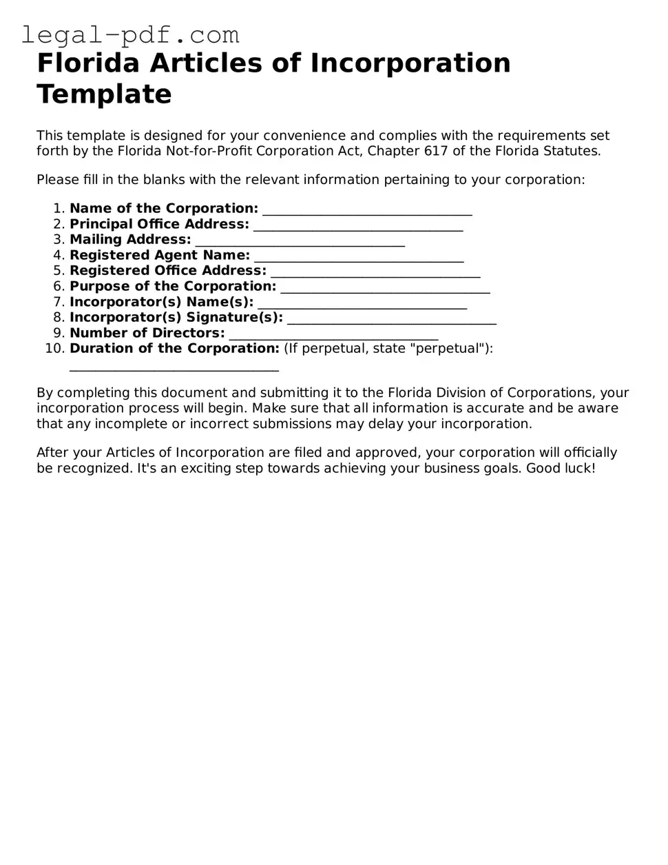 Legal  Articles of Incorporation Document for Florida