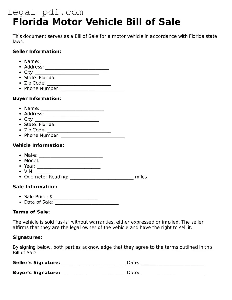 Legal  Motor Vehicle Bill of Sale Document for Florida