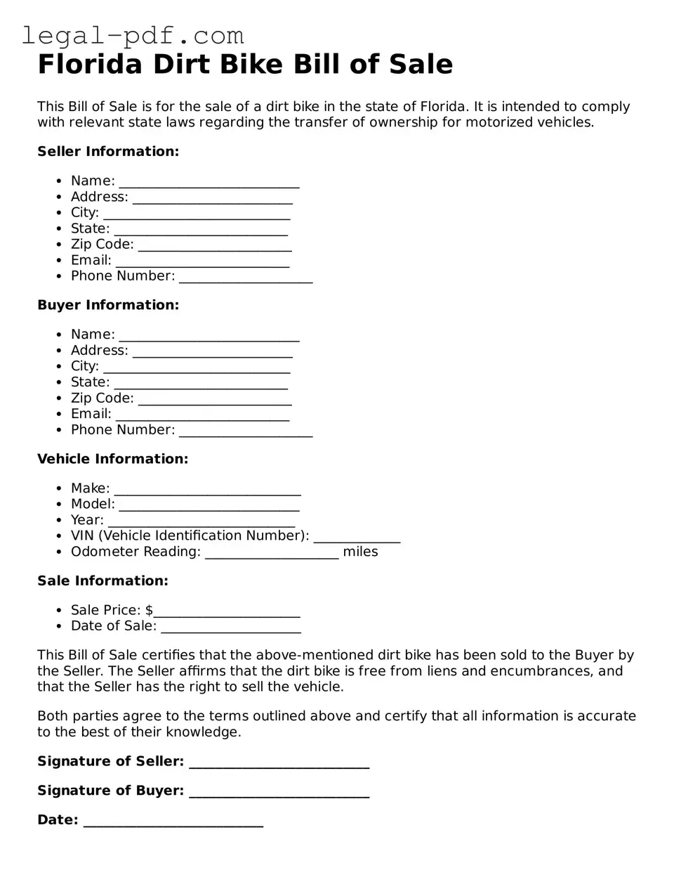 Legal  Dirt Bike Bill of Sale Document for Florida