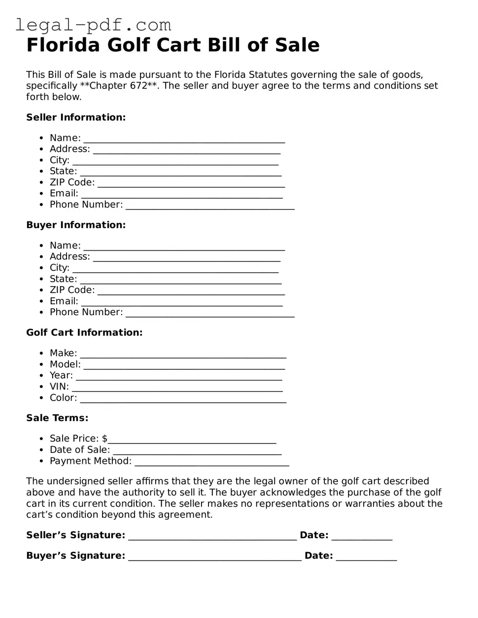 Legal  Golf Cart Bill of Sale Document for Florida