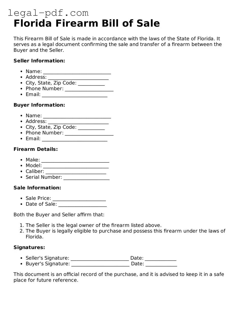 Legal  Firearm Bill of Sale Document for Florida