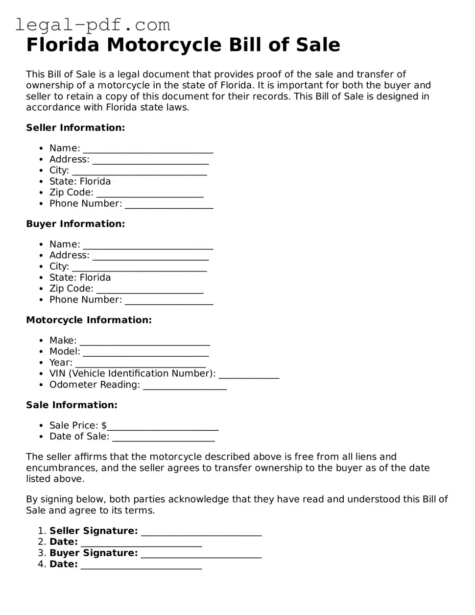 Legal  Motorcycle Bill of Sale Document for Florida