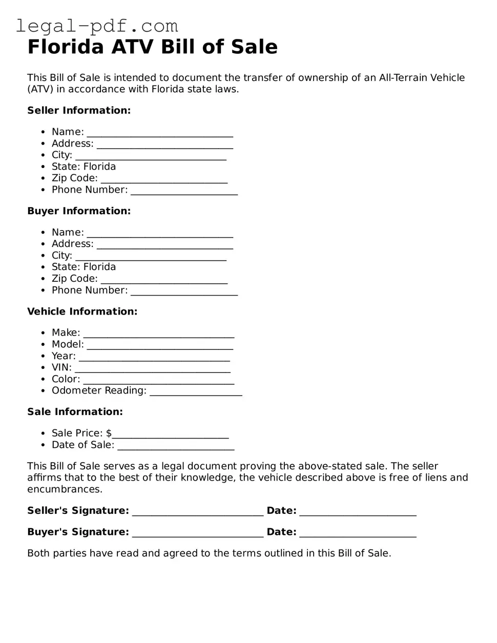 Legal  ATV Bill of Sale Document for Florida