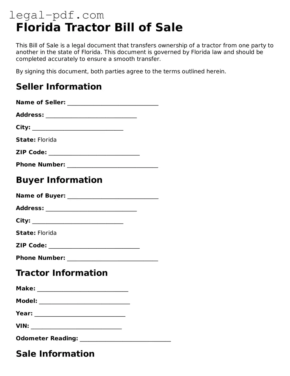 Legal  Tractor Bill of Sale Document for Florida