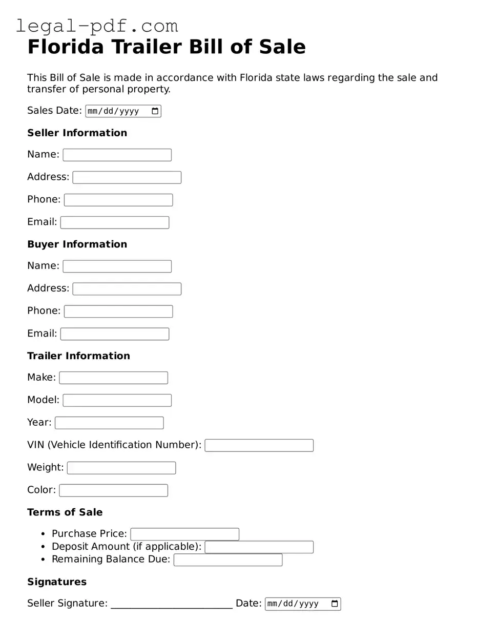 Legal  Trailer Bill of Sale Document for Florida