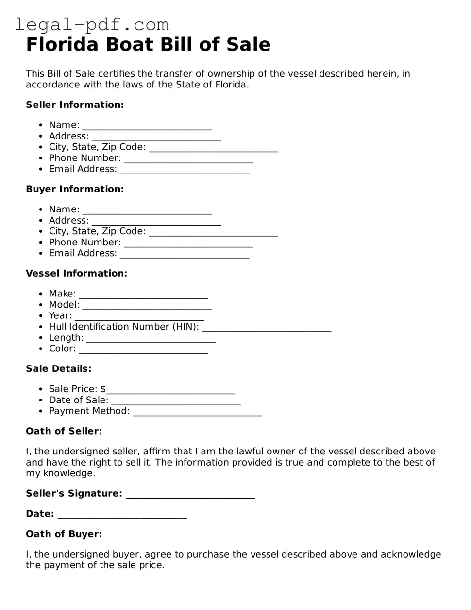 Legal  Boat Bill of Sale Document for Florida