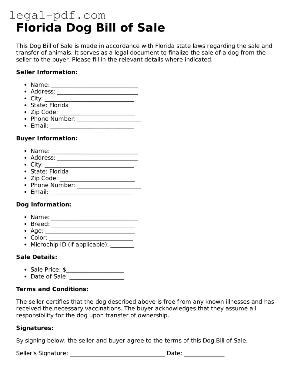 Legal  Dog Bill of Sale Document for Florida