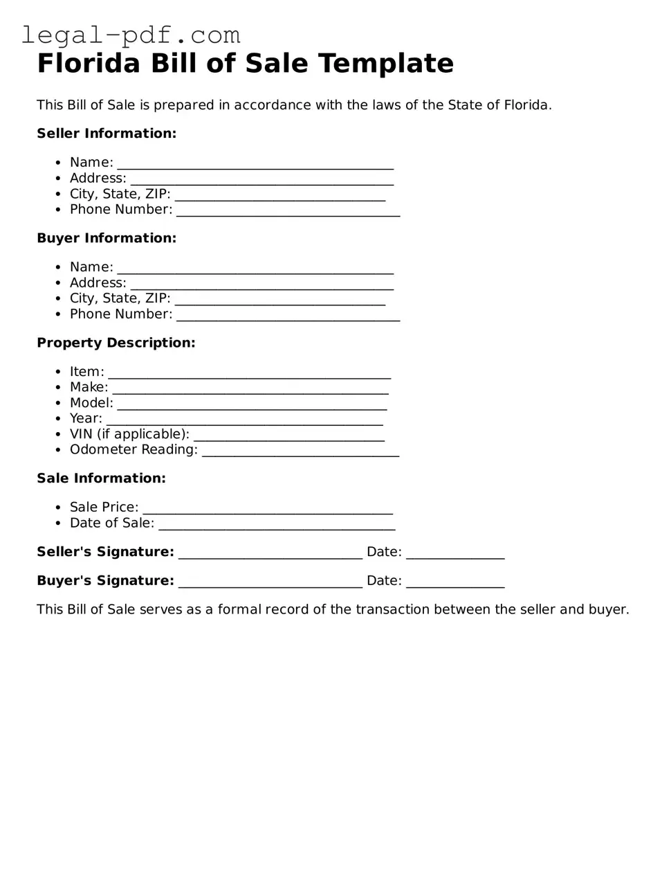 Legal  Bill of Sale Document for Florida